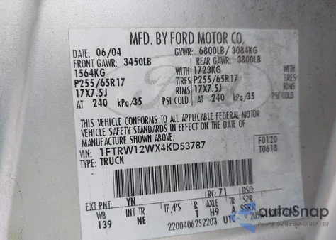 2004 Ford F-150 Xlt из США, поврежденный, VIN 1FTRW12WX4KD53787